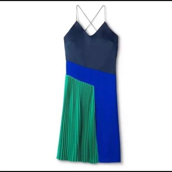 NWT Cushnie Pleated Slip Dress Navy Green - Picture 2 of 6